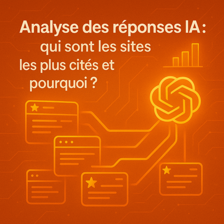 Illustration orange dynamique sur l’analyse des réponses IA : logo ChatGPT relié à plusieurs fenêtres de site web, certaines avec une étoile de citation, et un graphique de classement en haut. L’ensemble symbolise les sites les plus cités par l’intelligence artificielle et les raisons de leur visibilité.